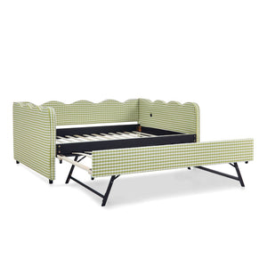 English Elm Full Size Gingham Linen Daybed with Wave Backrest Trundle and Usb Charging Port Green W1413S00139