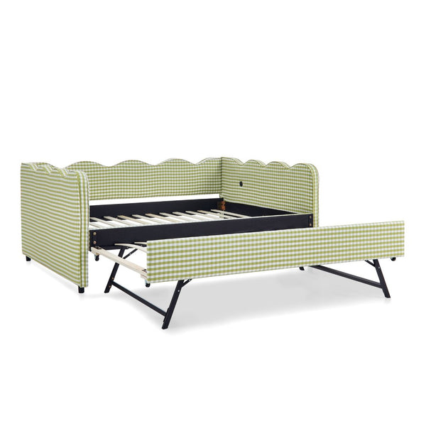 English Elm Full Size Gingham Linen Daybed with Wave Backrest Trundle and Usb Charging Port Green W1413S00139