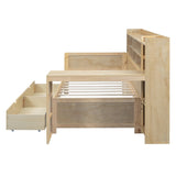 English Elm Wooden Twin Size Daybed With Storage Shelves, Multi-Functional Bed With Two Storage Drawers and Study Desk, Natural