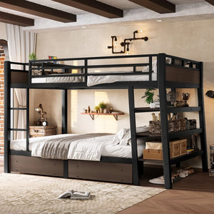 English Elm Full Size Metal Loft Bed with Stair Storage Shelves Bookshelf for Dorms Bedroom W1580S00347