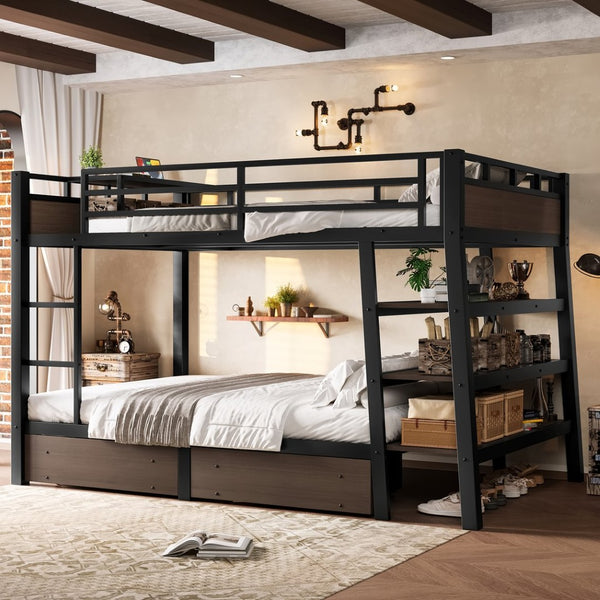 English Elm Full Size Metal Loft Bed with Stair Storage Shelves Bookshelf for Dorms Bedroom W1580S00347