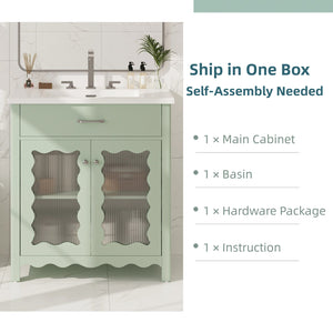 English Elm Christopher Knight Home® - 30 Inch Bathroom Vanity With Tempered Glass Doors, Soft-Close, Modern Green Cabinet & Ceramic Sink N817P299499G