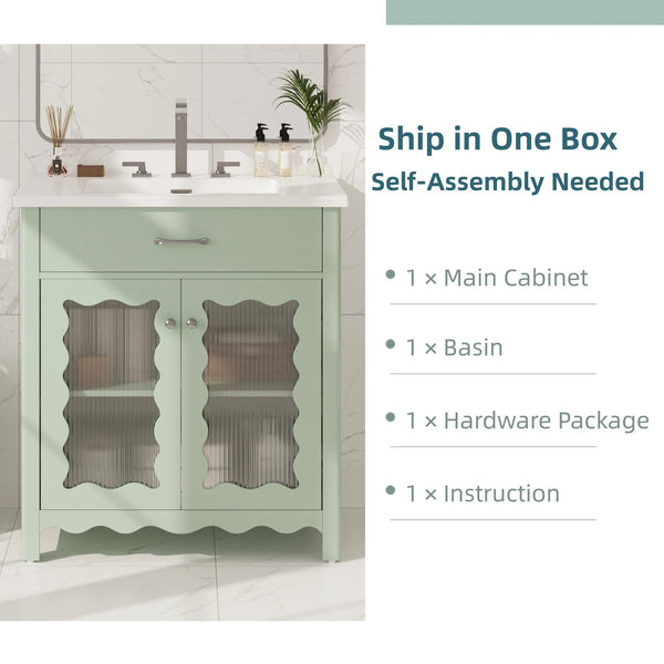 English Elm Christopher Knight Home® - 30 Inch Bathroom Vanity With Tempered Glass Doors, Soft-Close, Modern Green Cabinet & Ceramic Sink N817P299499G
