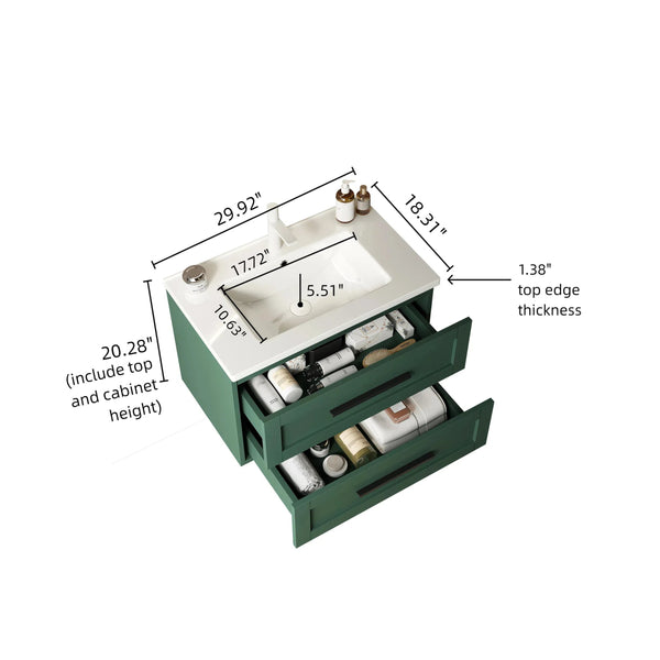 English Elm JODI 30" Floating Bathroom Vanity with Ceramic Sink, Soft-Close Drawers, Wall-Mount Storage Green W2615S00063
