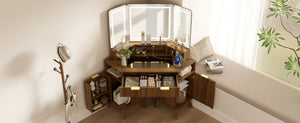 English Elm 47.2" Corner Lighted Makeup Vanity with Fluted Panel Tri-fold Mirror and Charging Station Walnut N704P392485P