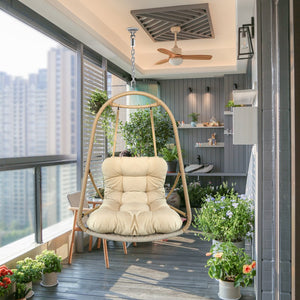 English Elm without Swing Egg Chair Rattan Hanging Patio Basket with C-Bracket, Foldable, Cup Holder, Cushions, Durable Metal Frame Beige+yellow W2707P388602