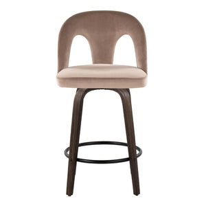 English Elm Fixed-height Swivel Counterstools Velvet Seat Walnut Bentwood Legs Set of Two B202S01794