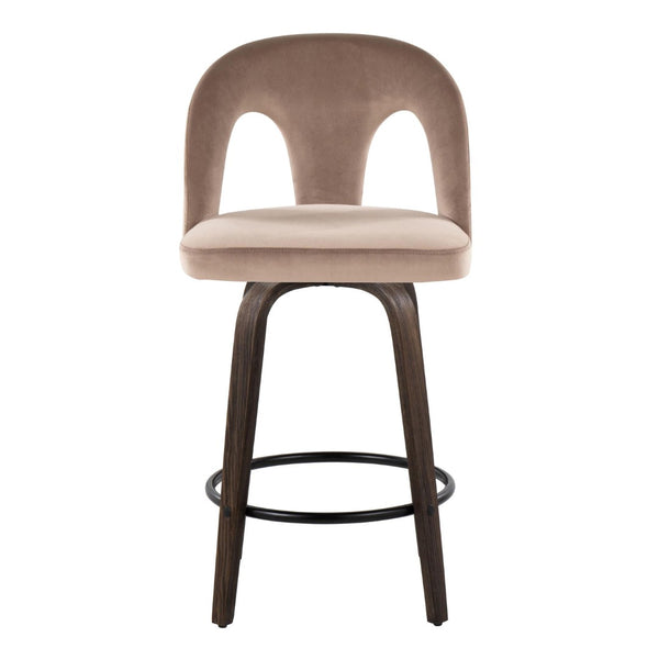 English Elm Fixed-height Swivel Counterstools Velvet Seat Walnut Bentwood Legs Set of Two B202S01794