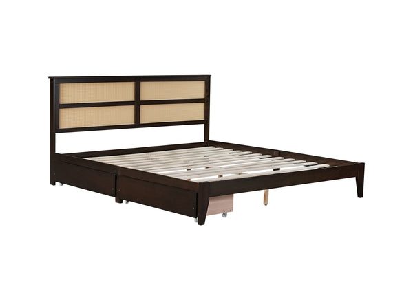 English Elm King Rattan Bed with Two Under-Storage Drawers, Rubberwood Slats, Durable 600 lb Capacity Frame Espresso W504S00228