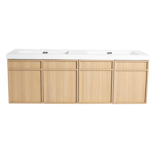 English Elm 60" 60" Wall-Mounted Bathroom Vanity with Double Resin Sink, 4 Soft-Closing Doors, Oak Finish W1972P315223