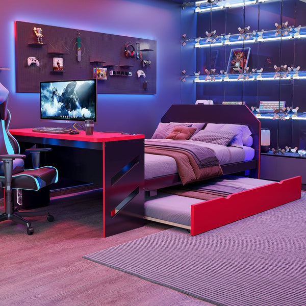 English Elm Full Size Wood Daybed with Twin Trundle Desk and Usb Charging for Teen Rooms Red LT000262AAR