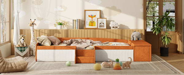 English Elm Twin Velvet Kids Daybed with Built-in Stairs Padded Guardrails and Gas Lift Storage Brown+White SF000201AAD