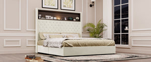 English Elm Queen Velvet Tufted Wingback Platform Bed Tall Headboard with Usb Charging Shelf Beige N733P367135A