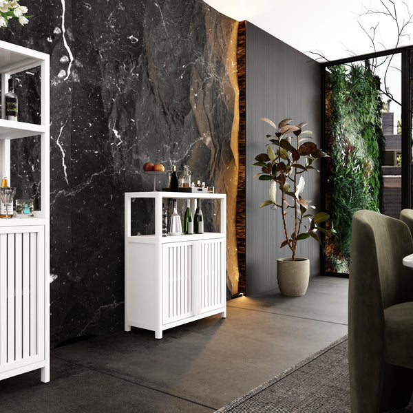 English Elm White Bamboo Storage Cabinet with Shelves — Large Capacity Freestanding Bathroom & Living Room Organizer, Durable Eco-Friendly Design W2207P242509