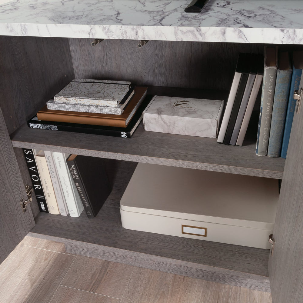 English Elm Credenza, Stylish Brown Finish Tv Stand For 65” Tvs With Faux Marble & Ample Storage Solutions B356P367793