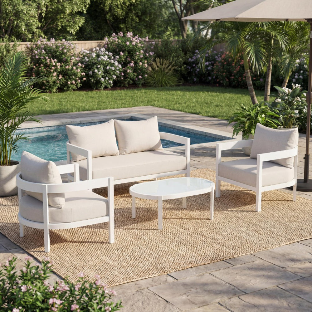 English Elm 4-piece Outdoor Aluminum Conversation Set with Curved Seating and Tempered Glass Table N767P389541A