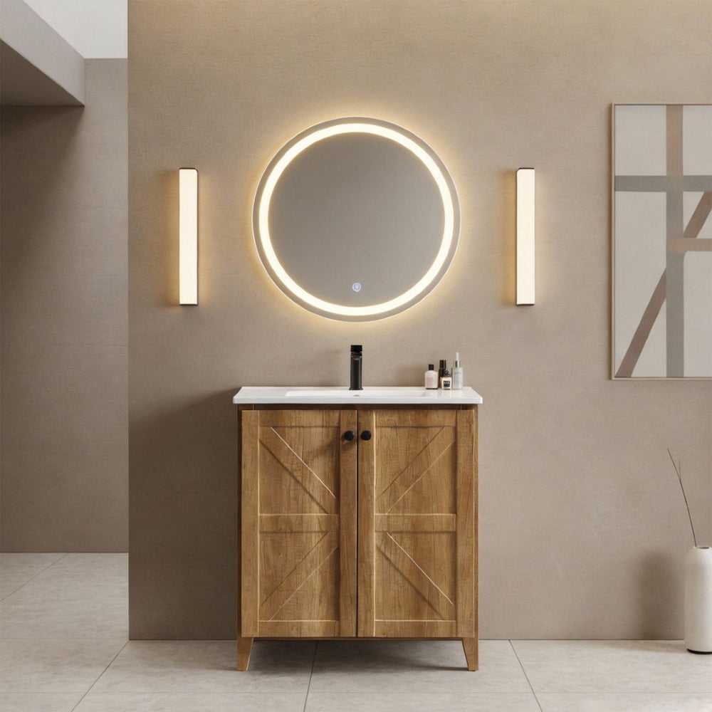 English Elm 30 Inch Floating Bathroom Vanity Fluted Wood Grain Front with Ceramic Integrated Sink Golden Oak W3520S00033