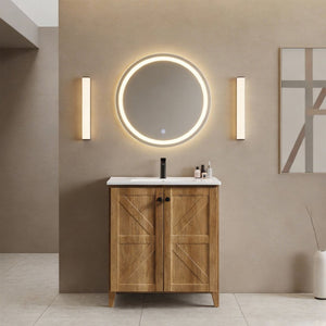 English Elm 30 Inch Floating Bathroom Vanity Fluted Wood Grain Front with Ceramic Integrated Sink Golden Oak W3520S00033