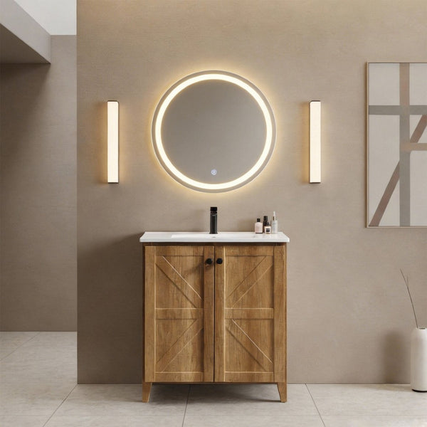 English Elm 30 Inch Floating Bathroom Vanity Fluted Wood Grain Front with Ceramic Integrated Sink Golden Oak W3520S00033
