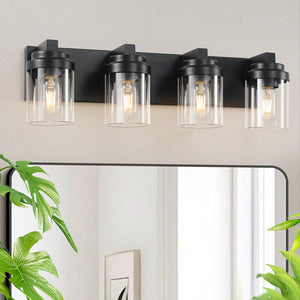English Elm 4 Matte Black Vanity Light 4-Light Farmhouse Bathroom Fixture with Clear Glass Shades, Water-Resistant LED W2312P389978