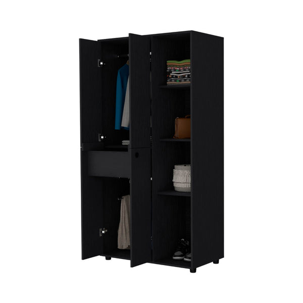 English Elm Bethel Slim Profile Wardrobe Armoire with Hanging Rods Open Shelves and Drawer B128S00225