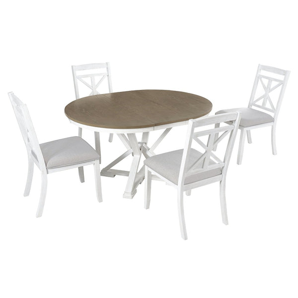 English Elm Trexm Retro Extendable Round Dining Set with Four Linen Upholstered Chairs Rubberwood Brown + Antique White ST000141AAD-2026