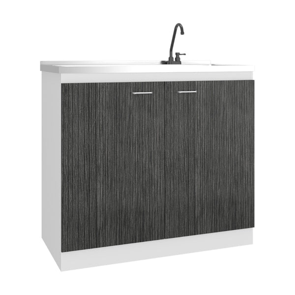 English Elm Zurich Freestanding Stainless Steel Utility Sink with Black Storage Cabinet for Garage Grey+White B200S00457