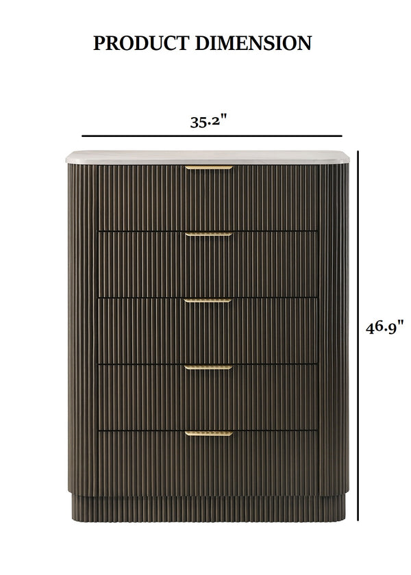 English Elm Contemporary Chest with English Dovetail Drawers, Metal Center Glides, Black Handles, Durable Engineered Wood Finish Dark Walnut 39 L x 21 W x 51 H B2741P396697