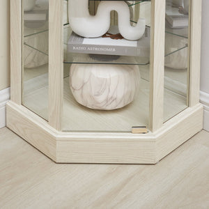 English Elm Glass Corner Curio Cabinet Lighted Dark Wood Display with Carved Crown Floral Detail White W2275P292644