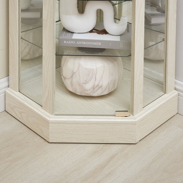 English Elm Glass Corner Curio Cabinet Lighted Dark Wood Display with Carved Crown Floral Detail White W2275P292644