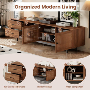 English Elm 78 Inch Walnut Media Console with Slatted Doors Solid Wood Legs and Cable Management N710P374705P