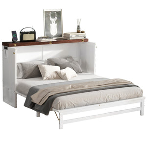 English Elm Murphy Cabinet Queen Bed Solid Pine Frame with Built-in Charging Station for Guest Rooms White+Walnut W504S00193