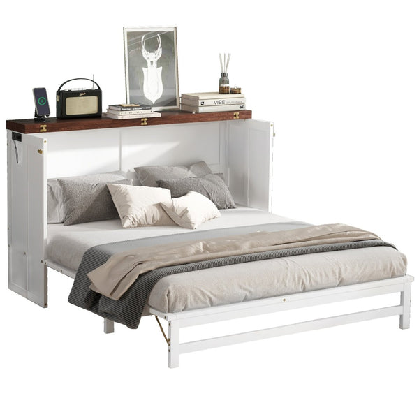 English Elm Murphy Cabinet Queen Bed Solid Pine Frame with Built-in Charging Station for Guest Rooms White+Walnut W504S00193