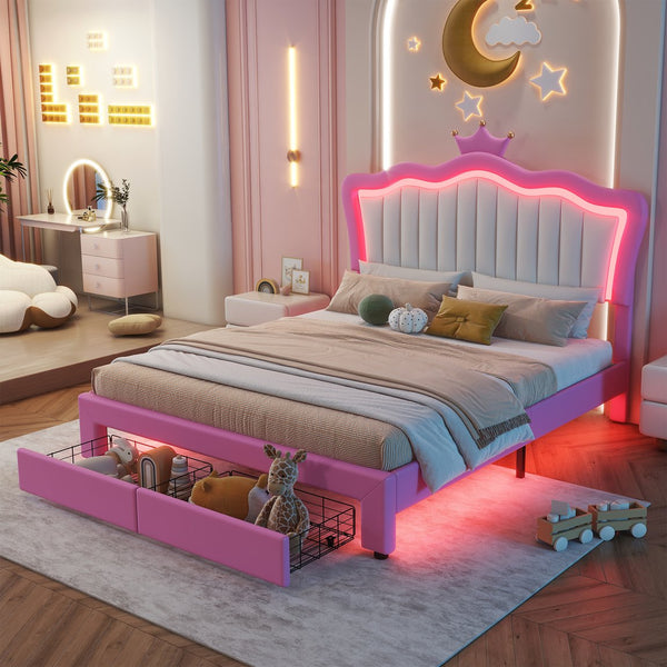 English Elm Full Size Upholstered Bed Frame With Led Lights – Chic Pink Princess Design, Crown Headboard & Storage Drawers W2770P190367