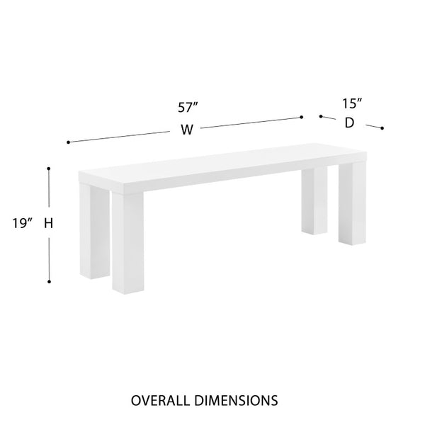 EuroStyle Abby 57 Inch Oak Veneer Bench with Steel Reinforced Legs for Bedroom or Entryway High Gloss White 19723WHT-KIT