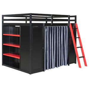 English Elm Full Size Wood Loft Bed with Wardrobe Desk Shelves Rgb Lighting and Blackout Curtains Black+Red LT000269AAJ-1