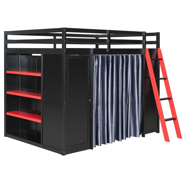 English Elm Full Size Wood Loft Bed with Wardrobe Desk Shelves Rgb Lighting and Blackout Curtains Black+Red LT000269AAJ-1