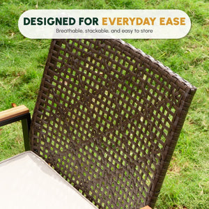 English Elm All Weather Outdoor Rattan Dining Set with Acacia Wood Top and Umbrella Hole W2391S00001