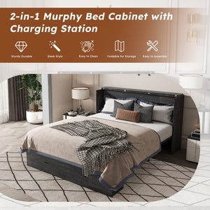 English Elm 57 Inch Murphy Bed Cabinet with Storage Drawers Charging Station and Rolling Casters Carbon Black W509S00157