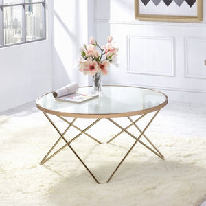 English Elm 1pc Round Glass Top Coffee Table with Mid-Century Metal Frame, Elegant Living Room Accent Piece Champagne 38 L x 39 W x 5 H B2741P332646