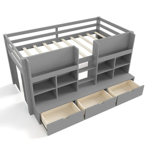 English Elm Full Bunk Bed with Trundle Bookshelf Storage Pine Frame Car Design for Kids W1580S00398