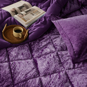JLA Home Intelligent Design - Velvet Quilted Diamond Comforter Set with Oblong Pillow - Luxurious Crushed Velvet, Hypoallergenic Warmth Purple ID10-1901