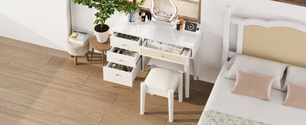 English Elm 39" Retro Bohemian Makeup Vanity Set with Rattan Drawers, USB Charging Port, Cushioned Stool, 4-Drawer Storage White 44.1 L x 18.75 W x 10.5 H N733P180011K