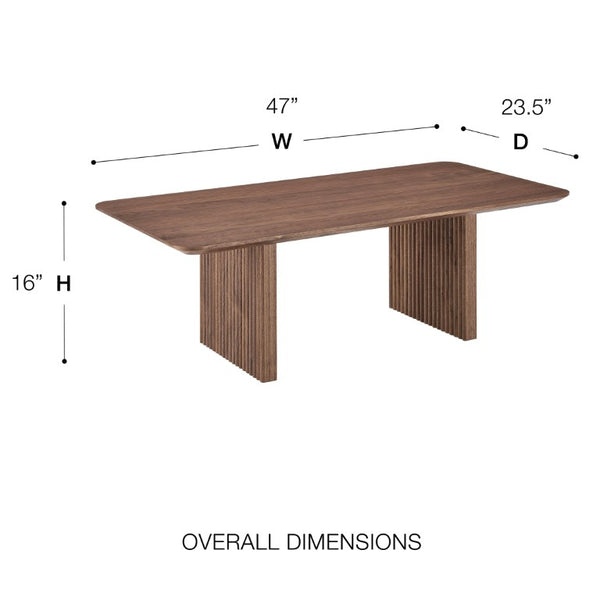 EuroStyle Caden Walnut Veneer Coffee Table with Sculptural Fluted Base for Modern Living Rooms 19762-WAL