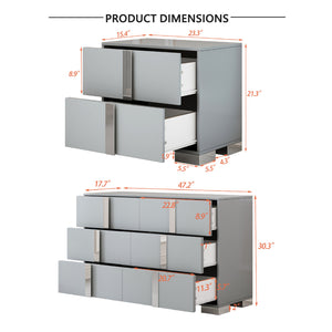 English Elm 3-Pieces Mirrored 6-Drawer Dresser and Two Nightstands with Sleek Metal Legs for Modern Living Gray 54.25 L x 20.75 W x 8.5 H N733S307938G
