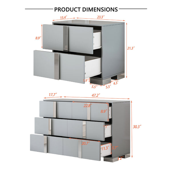 English Elm 3-Pieces Mirrored 6-Drawer Dresser and Two Nightstands with Sleek Metal Legs for Modern Living Gray 54.25 L x 20.75 W x 8.5 H N733S307938G