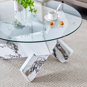 English Elm Round glass coffee table with 33.4" tempered top, white patterned MDF legs, sturdy 130lb capacity modern centerpiece W1512P395025