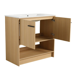 English Elm 36" Modern Bathroom Vanity With Ceramic Sink, Soft Closing Doors & Open Shelf For Stylish Storage W1972S00019