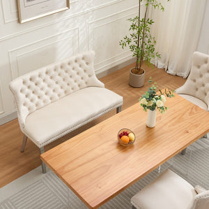 English Elm Velvet Wingback Dining Bench Tufted Two Seat Mid Century Modern Brushed Steel Base Beige W1143P406980