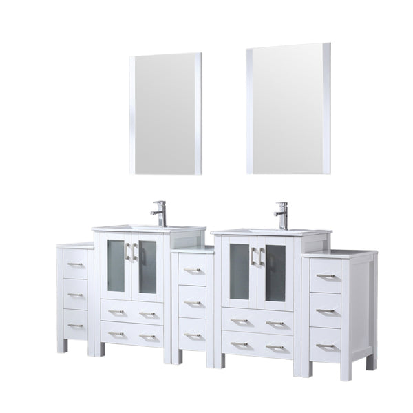 English Elm White Double Bath Vanity 84-inch with Side Cabinets, Scratch-Resist Ceramic Top, Faucets & Mirrors B2731S01218